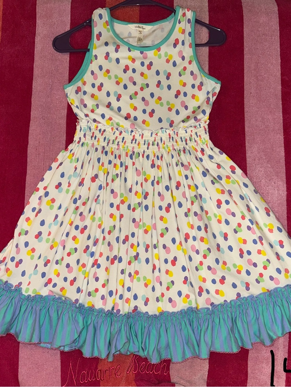 Matilda Jane Girls White Polka Dot Tank Dress with Aqua Trim